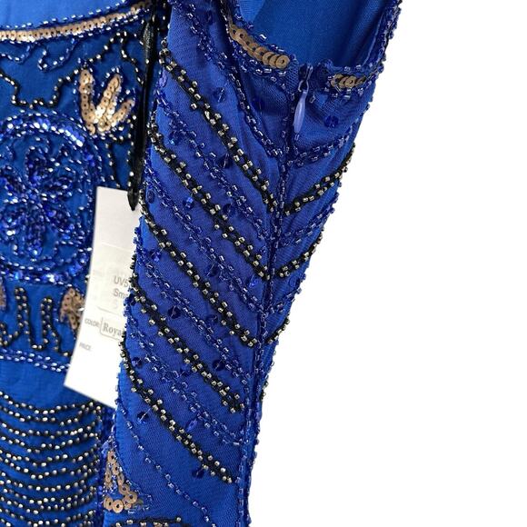 Unique Vintage Royal Blue Flapper Mini Dress S Beaded Sequin Fringe NWT - Picture 6 of 10